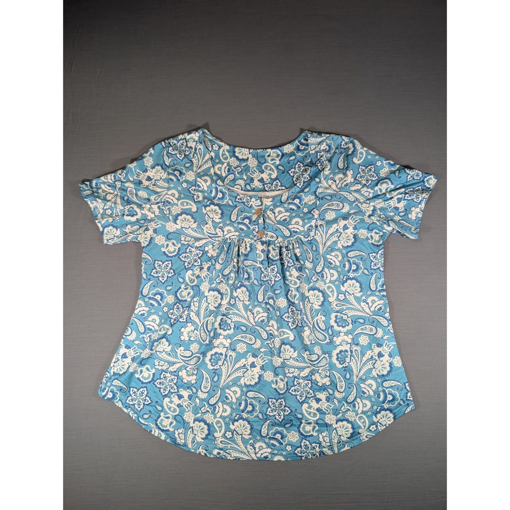 Blue Paisley Floral Short Sleeve Button Front Pleated Blouse XXL